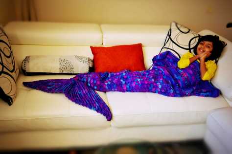Tisha Singh modeling for my Crochet Mermaid Blanket 